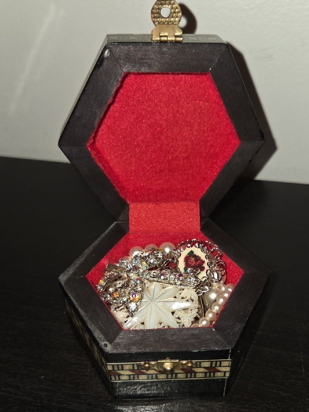 Wooden And Red Velvet Trinket Box Filled With Jewelry